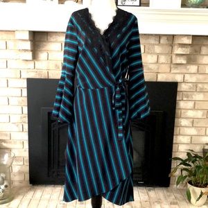 IM NYC Black Teal Purple Lace Lapel Wrap Dress size Medium